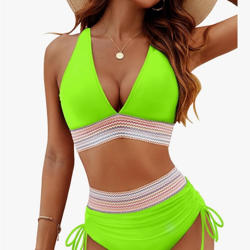 Vibrant Green Bikini with Sporty Striped Accents